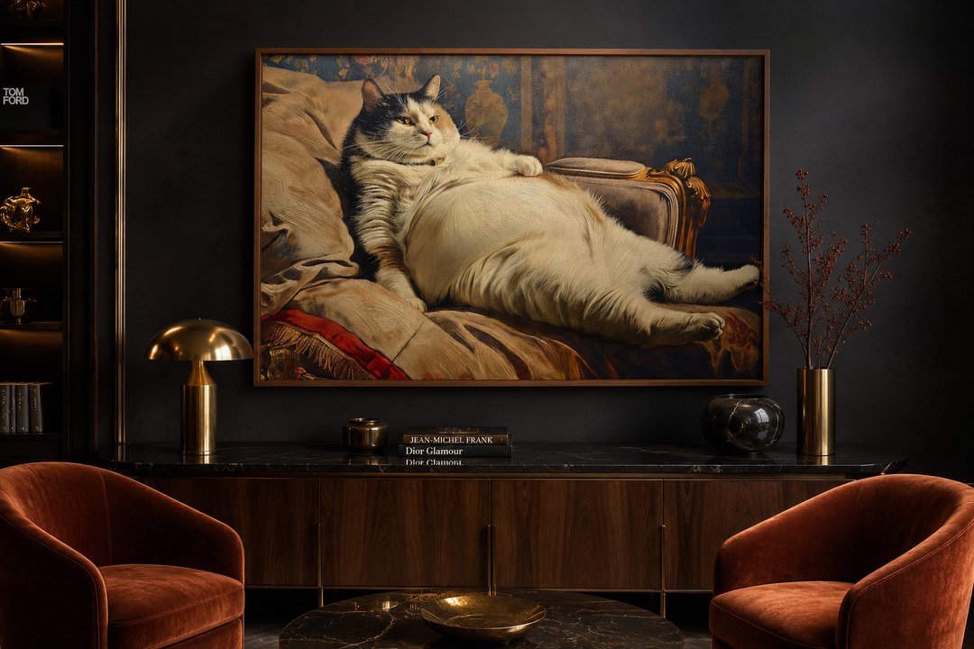 Chubby fat cat Victorian portrait framed canvas wall art hanging above a dark wood sideboard.