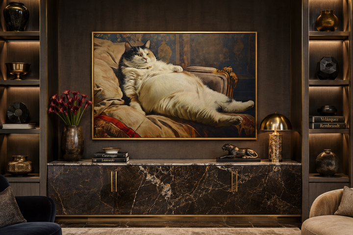 Chubby fat cat Victorian portrait framed canvas wall art above a marble sideboard.