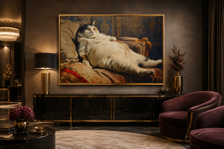 Chubby fat cat Victorian portrait framed canvas wall art in a dark, elegant living room setting.