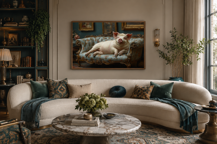 Victorian-style framed canvas wall art of a chubby pig lounging on a blue tufted couch.