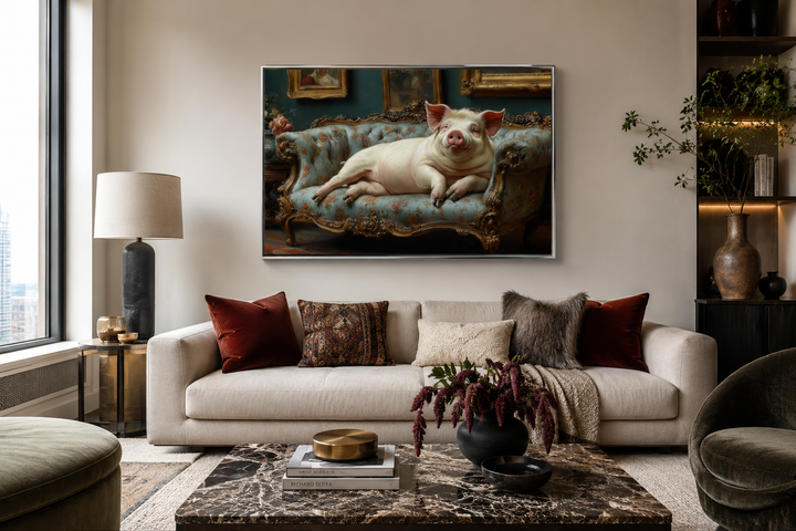 Victorian-style framed canvas art of a chubby pig lounging on a blue tufted couch in a living room.