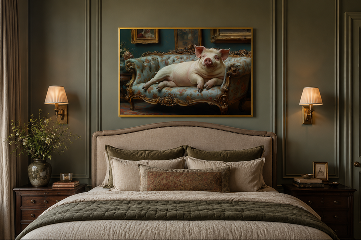 Victorian portrait of a chubby pig lounging on a tufted couch, framed canvas art above a bed.