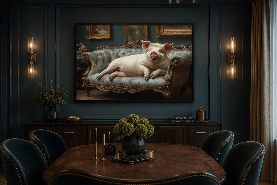 Framed canvas wall art of a chubby pig lounging on a Victorian couch in a dark dining room.