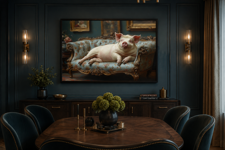 Framed canvas wall art of a chubby pig lounging on a Victorian couch in a dark dining room.