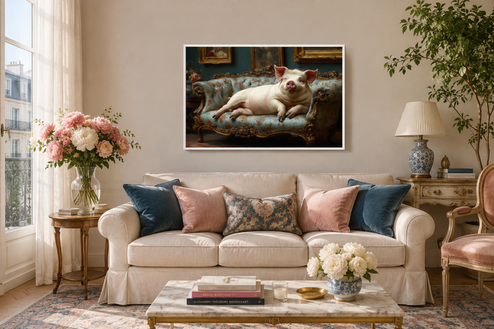 Victorian-style framed canvas art of a chubby pig lounging on a blue tufted couch in a living room.