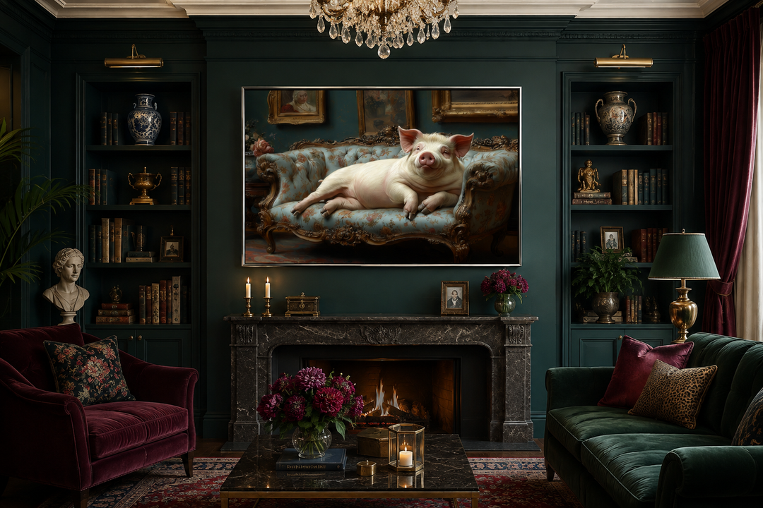 Victorian-style framed canvas wall art of a chubby pig lounging on a blue tufted couch.