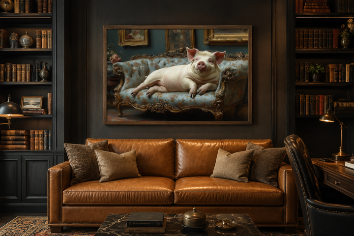 Framed canvas wall art of a chubby pig lounging on a Victorian couch in a dark library setting.