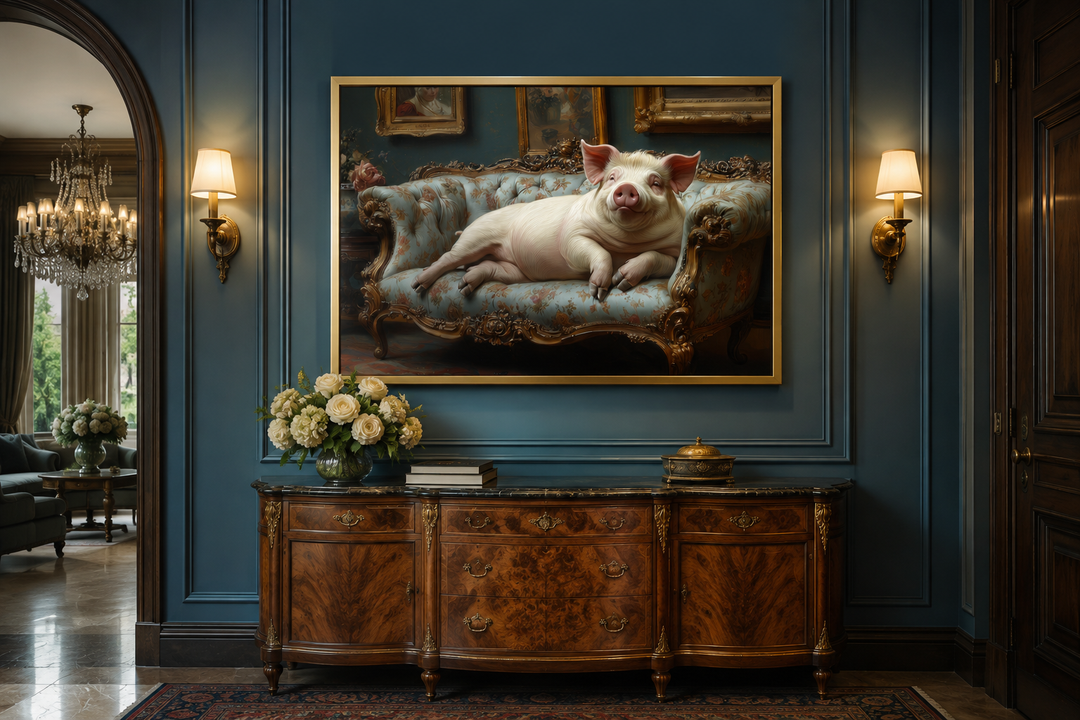 Victorian portrait of a chubby pig lounging on a tufted couch, framed canvas wall art.