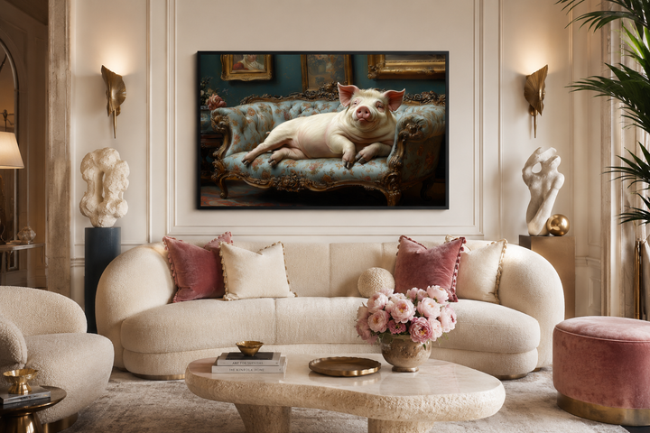 Victorian-style framed canvas art of a chubby pig lounging on a tufted couch in a modern living room.