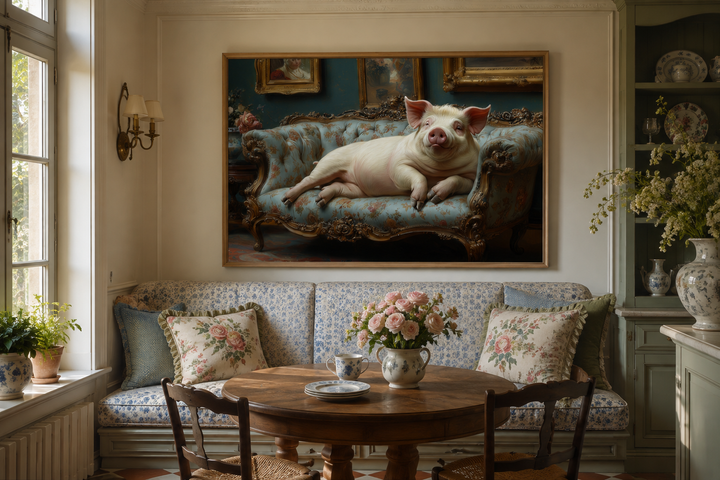 Victorian-style framed canvas art of a chubby pig lounging on a blue tufted couch in a dining room.