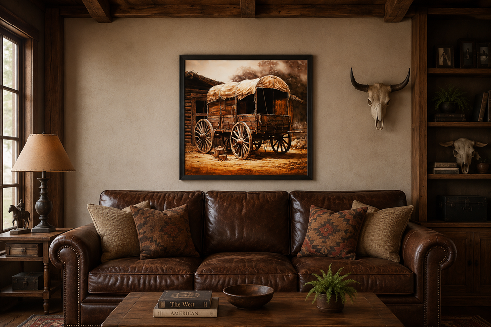 Chuckwagon vintage Wild West wall decor painting hanging above a brown leather sofa in a rustic room