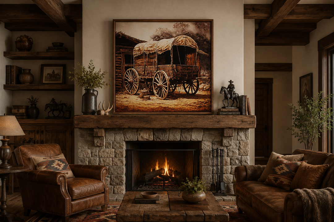 Vintage Chuckwagon painting canvas print in a rustic living room above a stone fireplace.
