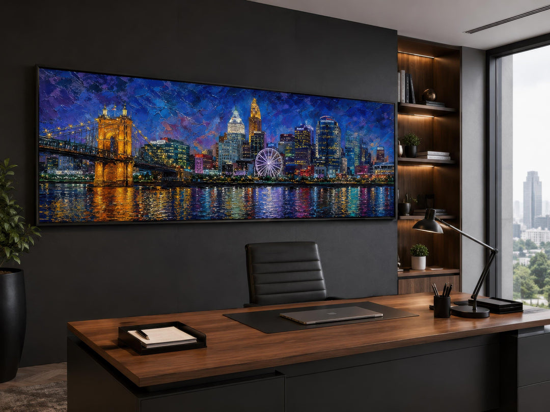 Panoramic canvas print of the Cincinnati skyline at night hanging in a modern home office.