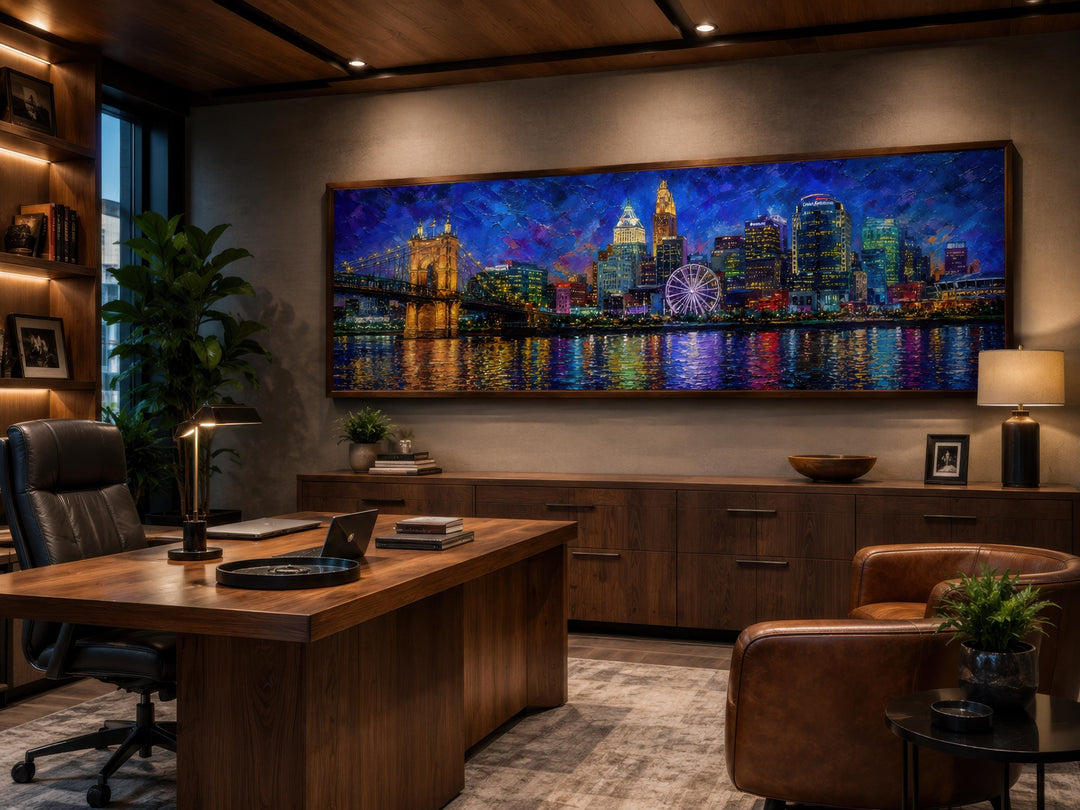 Panoramic Cincinnati skyline canvas print at night, displayed in a modern home office.