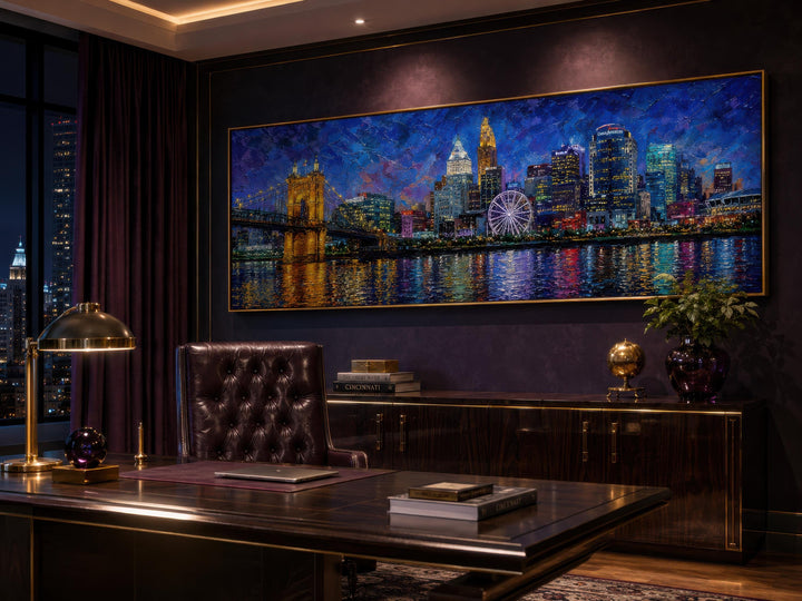 Panoramic Cincinnati skyline canvas print at night, featuring a bridge and ferris wheel over water.
