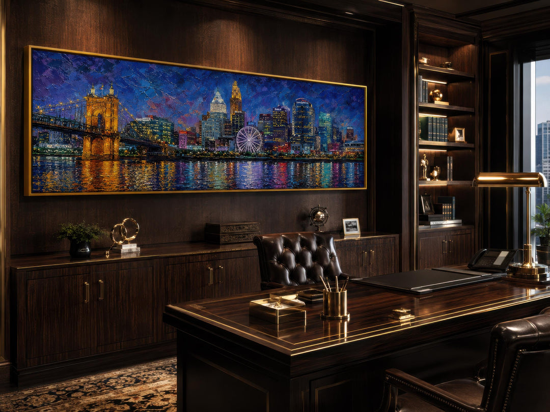 Panoramic horizontal canvas print of Cincinnati city skyline at night in a dark wood home office.