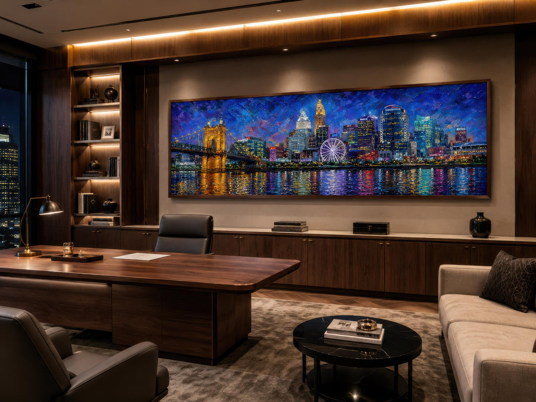 Panoramic Cincinnati skyline canvas art in a modern office with dark wood desk and leather chairs.