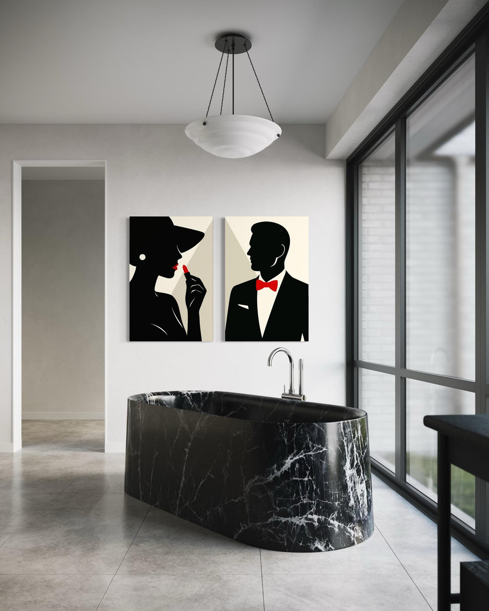 Classy Bathroom Wall Art – Elegant Couple Silhouettes Set, Black White Red Modern Canvas Prints