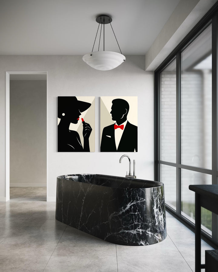 Classy Bathroom Wall Art – Elegant Couple Silhouettes Set, Black White Red Modern Canvas Prints