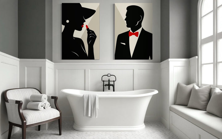 Classy Bathroom Wall Art – Elegant Couple Silhouettes Set, Black White Red Modern Canvas Prints