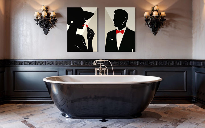 Classy Bathroom Wall Art – Elegant Couple Silhouettes Set, Black White Red Modern Canvas Prints