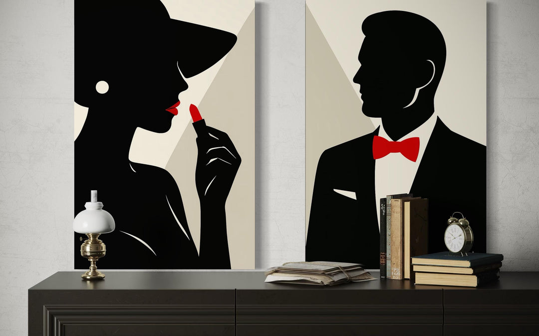 Classy Bathroom Wall Art – Elegant Couple Silhouettes Set, Black White Red Modern Canvas Prints
