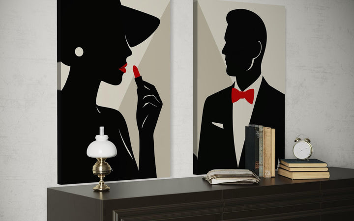 Classy Bathroom Wall Art – Elegant Couple Silhouettes Set, Black White Red Modern Canvas Prints