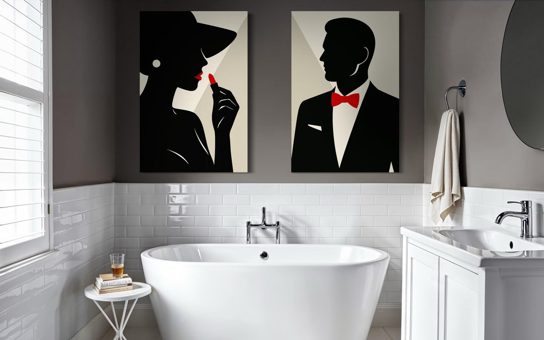 Classy Bathroom Wall Art – Elegant Couple Silhouettes Set, Black White Red Modern Canvas Prints