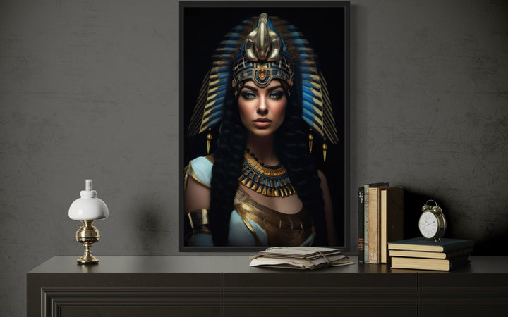 Framed canvas wall art of Cleopatra in a regal headdress hanging above a dark wood dresser.