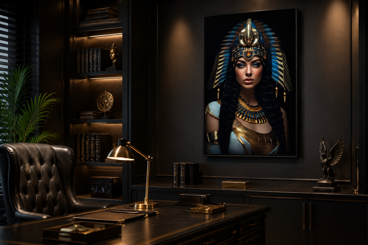 Cleopatra framed canvas wall art in a dark, sophisticated office with gold accents.