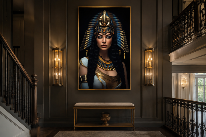 Cleopatra framed canvas wall art in a gold frame, hanging in a sophisticated home hallway.