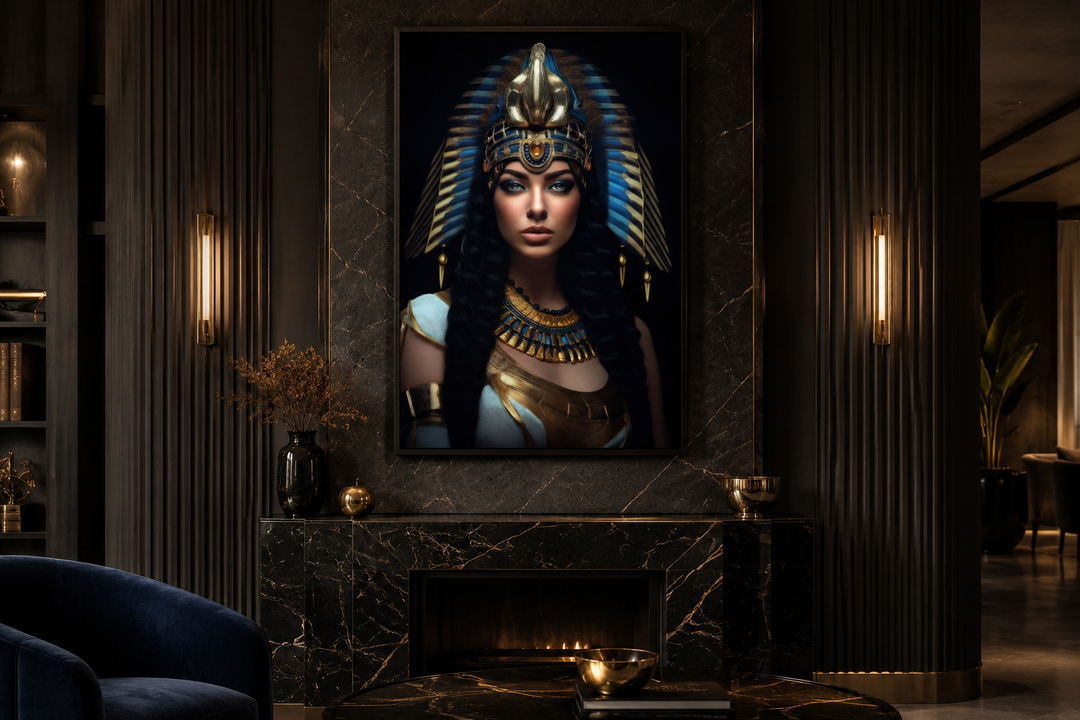 Cleopatra framed canvas wall art featuring a regal portrait above a black marble fireplace.