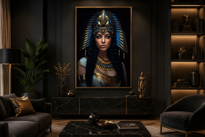 Cleopatra framed canvas wall art featuring a regal portrait with gold headdress in a dark room.