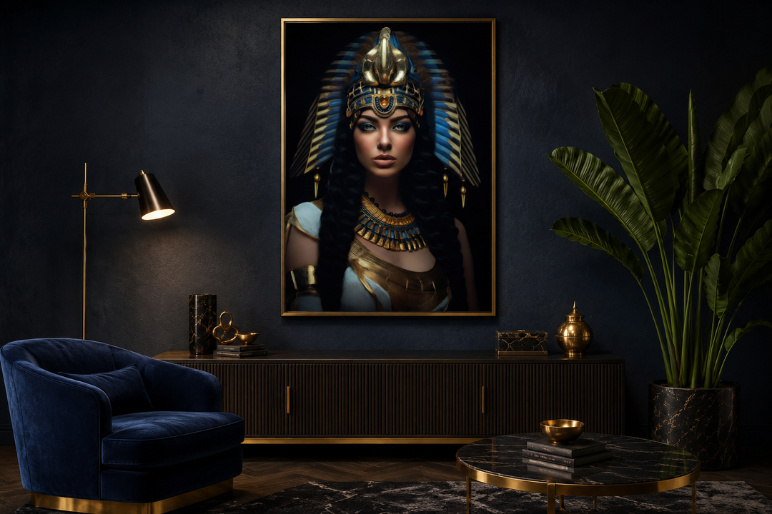Framed canvas wall art of Cleopatra in a gold headdress, displayed in a dark, modern office setting.