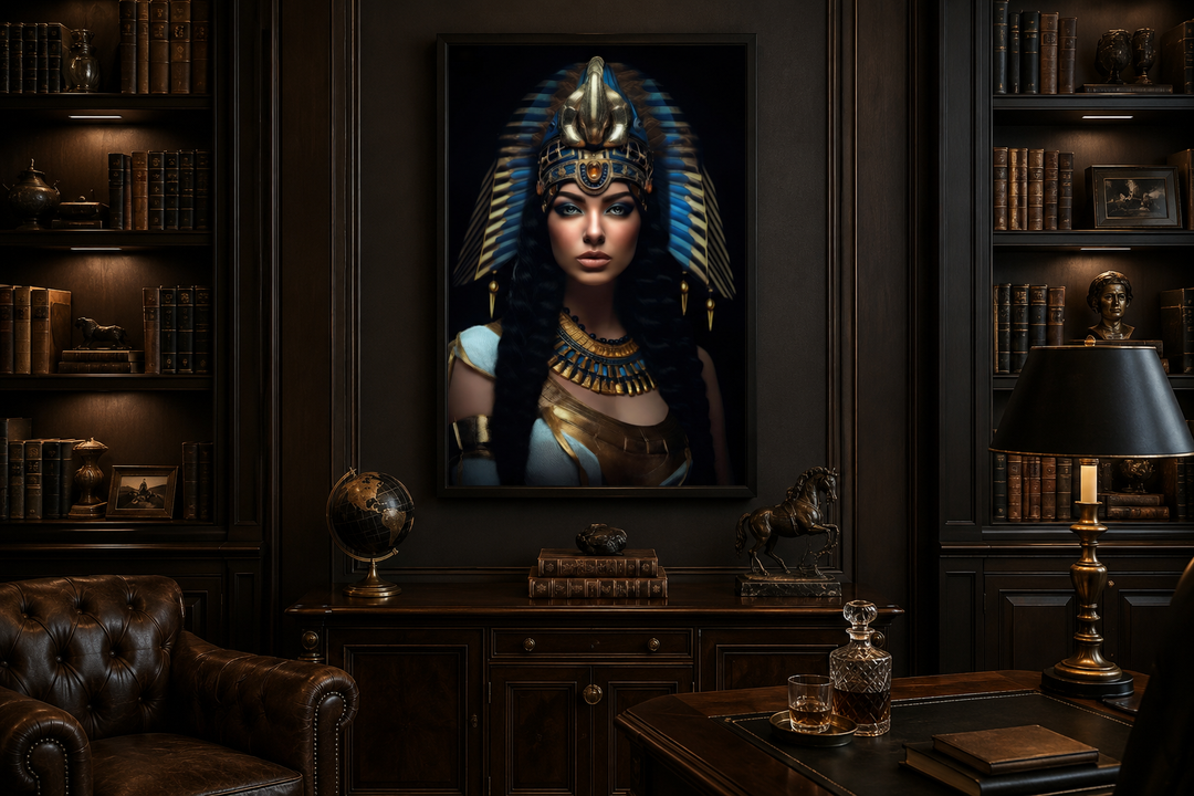 Cleopatra framed canvas wall art in a dark, classic office with a leather chair and bookshelves.