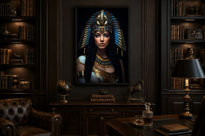 Cleopatra framed canvas wall art in a dark, classic office with a leather chair and bookshelves.