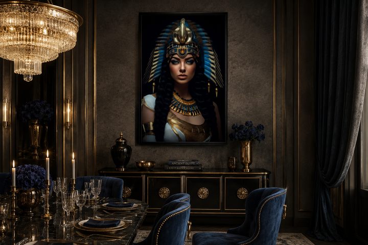 Cleopatra framed canvas wall art featuring a regal portrait in a dark, elegant dining room setting.
