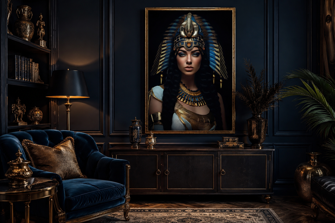 Cleopatra framed canvas wall art in a moody glam office with gold headdress and blue accents.