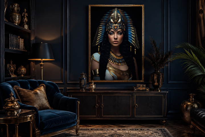 Cleopatra framed canvas wall art in a moody glam office with gold headdress and blue accents.