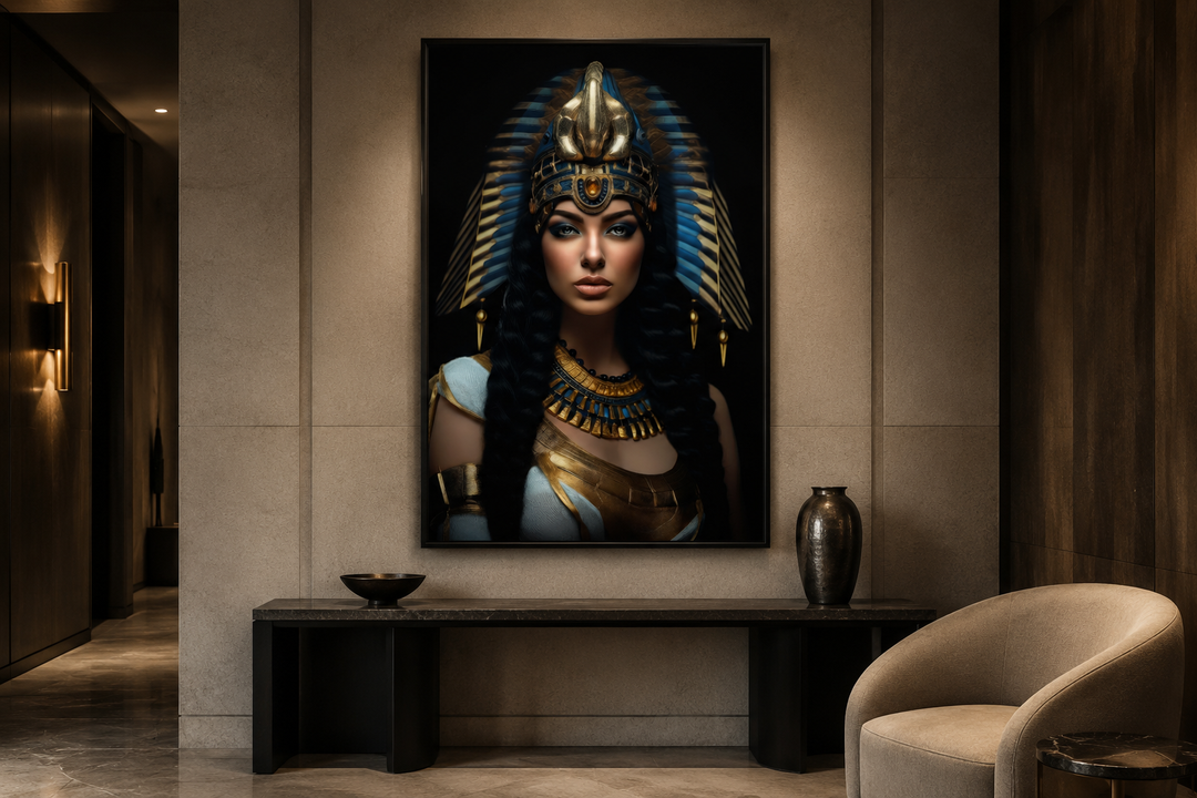 Cleopatra framed canvas wall art featuring a regal portrait with gold headdress and blue accents.