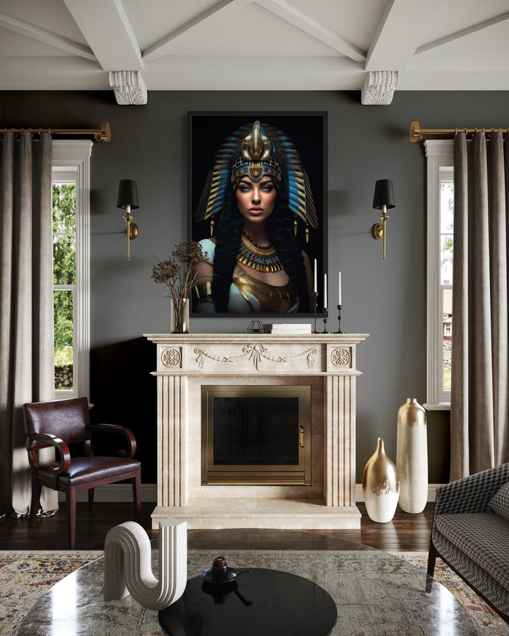 Cleopatra framed canvas wall art featuring a regal portrait above a fireplace in a modern room.