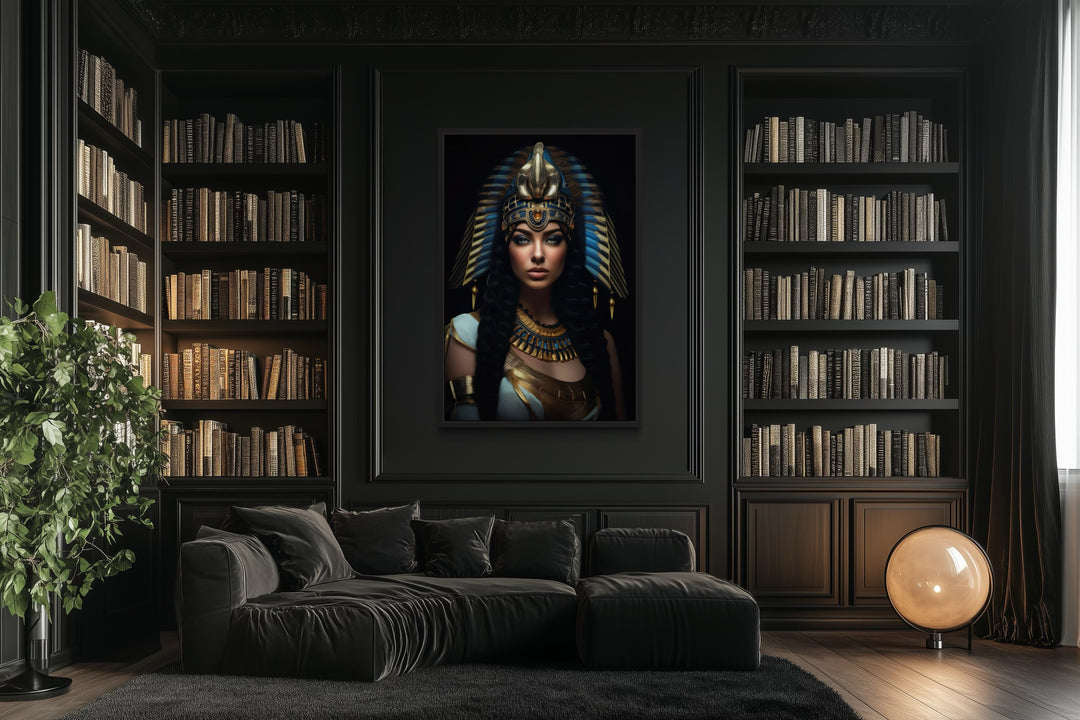Cleopatra framed canvas wall art in a dark, modern office with black bookshelves and a velvet sofa.