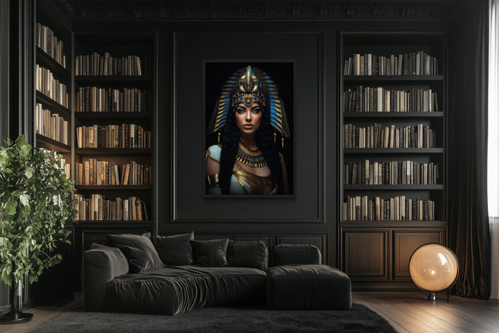 Cleopatra framed canvas wall art in a dark, modern office with black bookshelves and a velvet sofa.