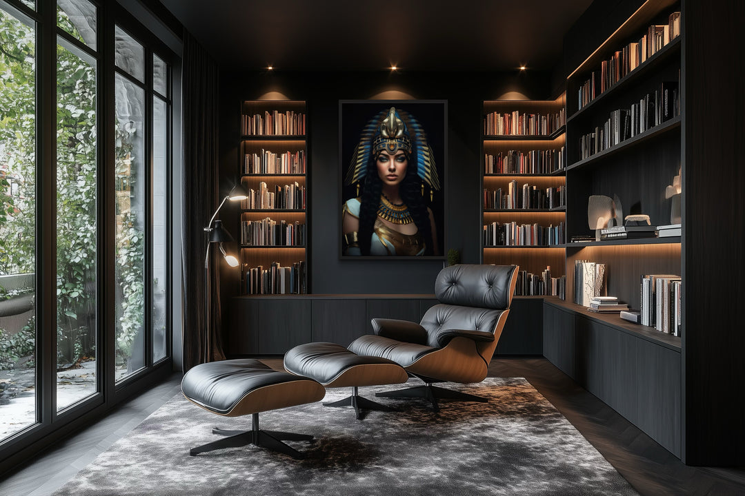Cleopatra framed canvas wall art in a dark modern office with a leather lounge chair and bookshelves.