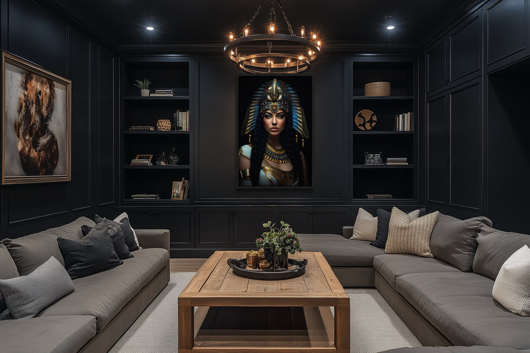 Cleopatra framed canvas wall art in a dark, modern office with black built-in shelving.