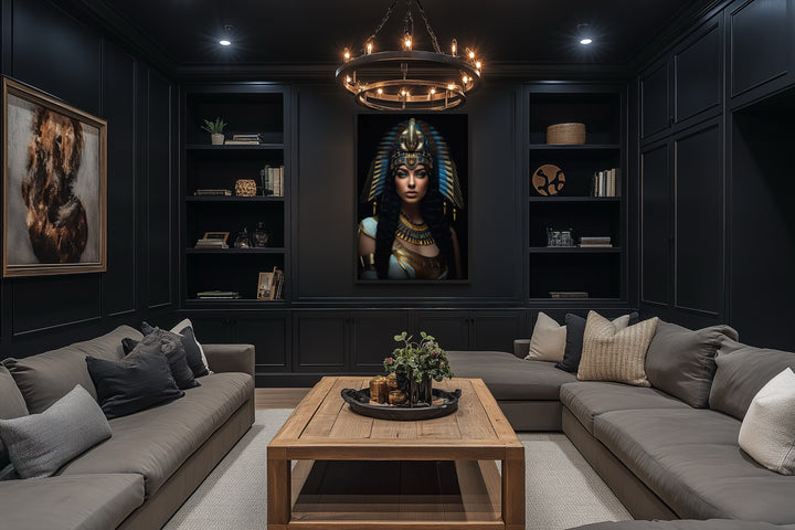 Cleopatra framed canvas wall art in a dark, modern office with black built-in shelving.