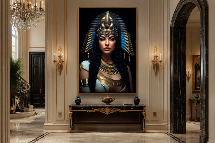 Cleopatra framed canvas wall art featuring a regal portrait with gold headdress and blue accents.