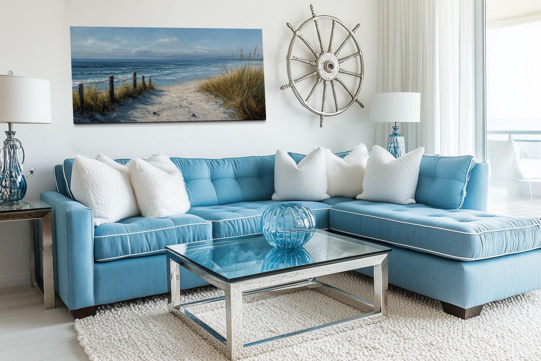 Horizontal coastal beach canvas print featuring a sandy path to the ocean in blue and beige tones.