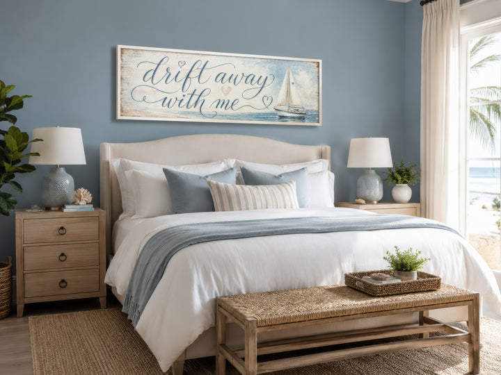 Coastal Bedroom Romantic Sign With Sailboat on Light Blue Canvas Wall Art above a bed.