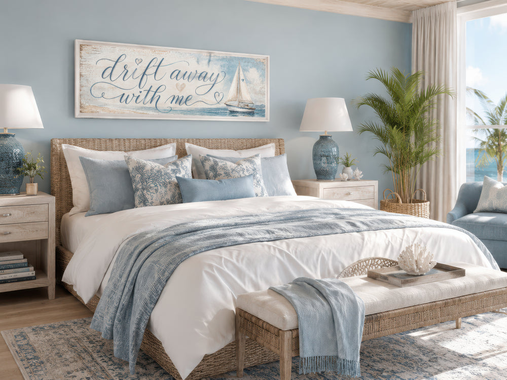 Coastal bedroom sign with sailboat on light blue canvas wall art above a woven bed frame.